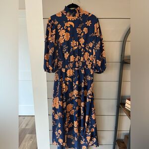 Nanette Lepore Navy Blue & Orange Floral High Mock Neck Puff Sleeve Midi Dress 6